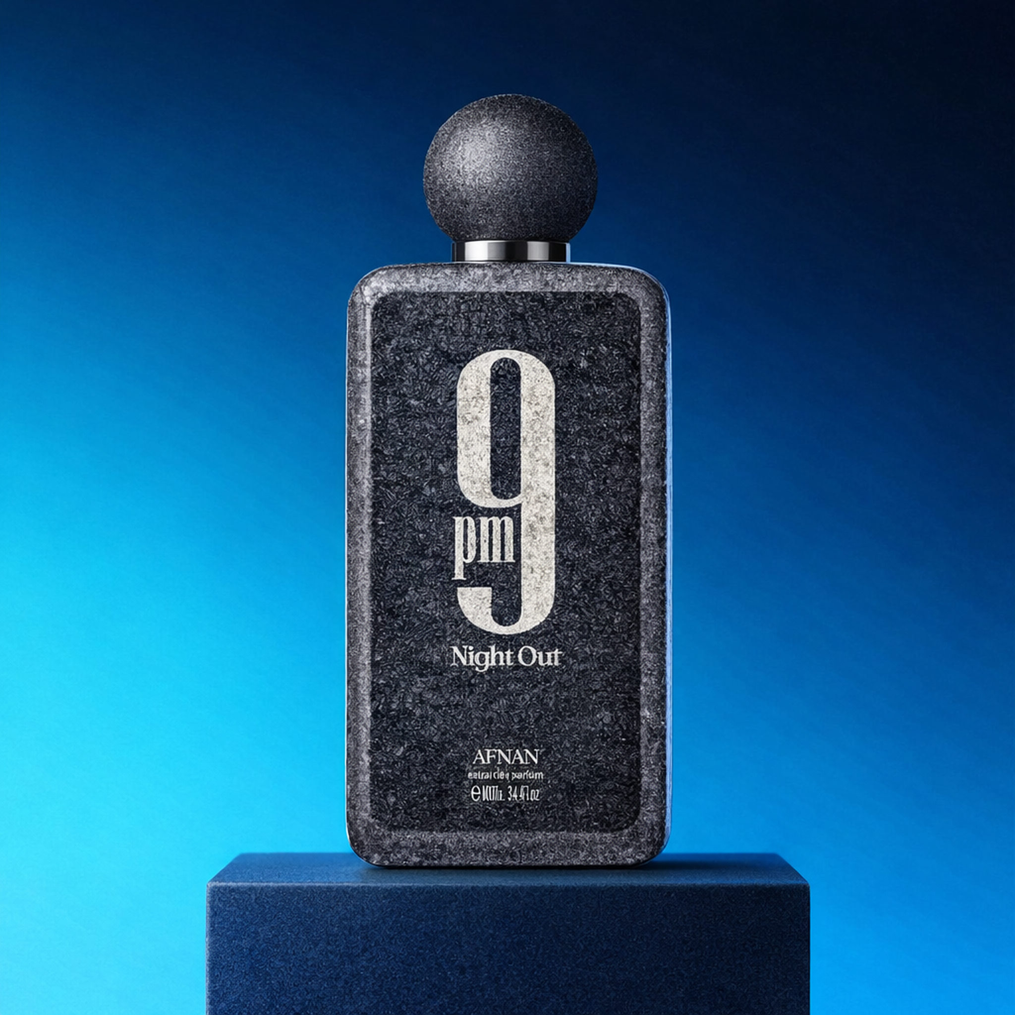 Afnan 9PM Night Out Extrait Parfum upright pedestal gallery showcase