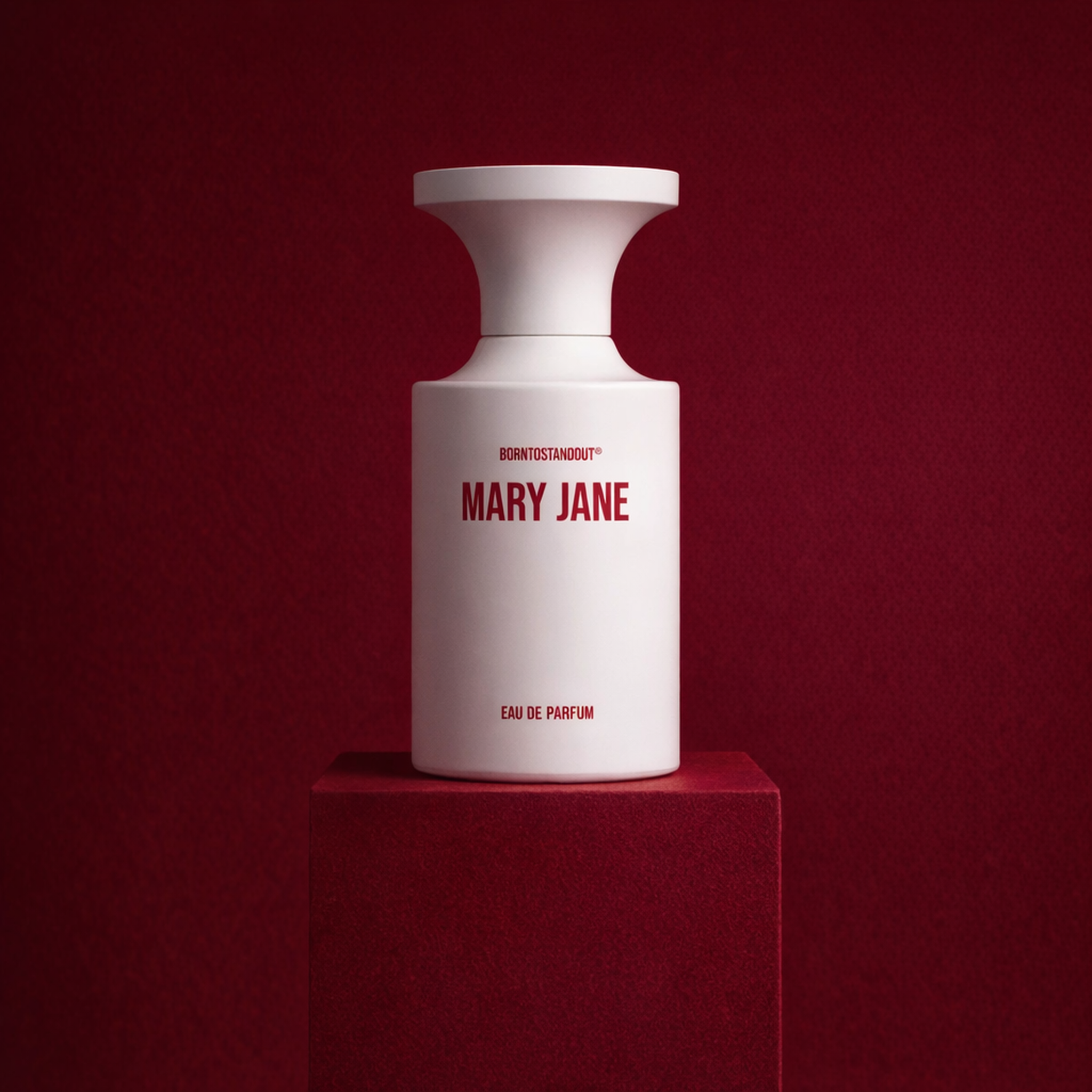 BORNTOSTANDOUT Mary Jane EDP upright pedestal gallery showcase