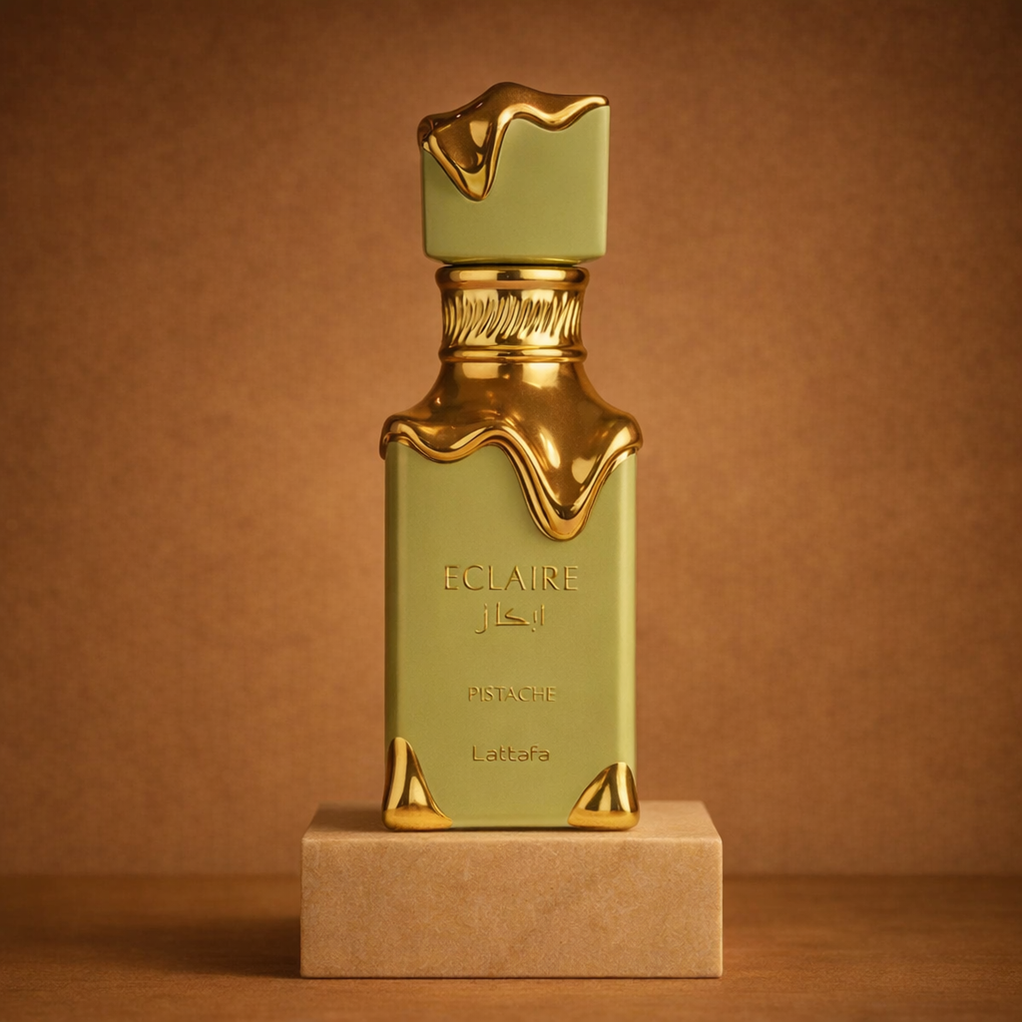 Lattafa Eclaire Pistache EDP upright pedestal gallery showcase