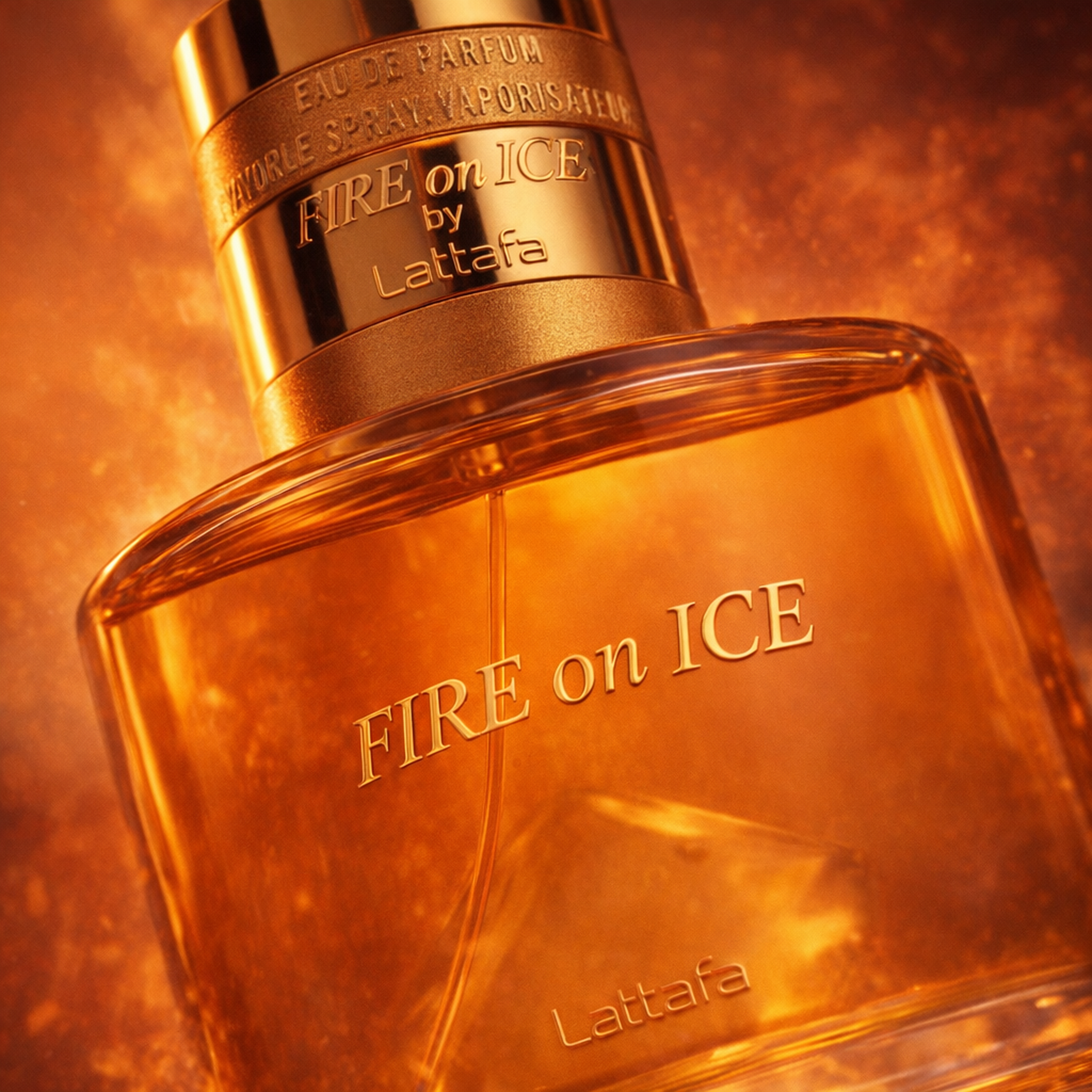 Lattafa Fire On Ice EDP macro label detail gallery showcase