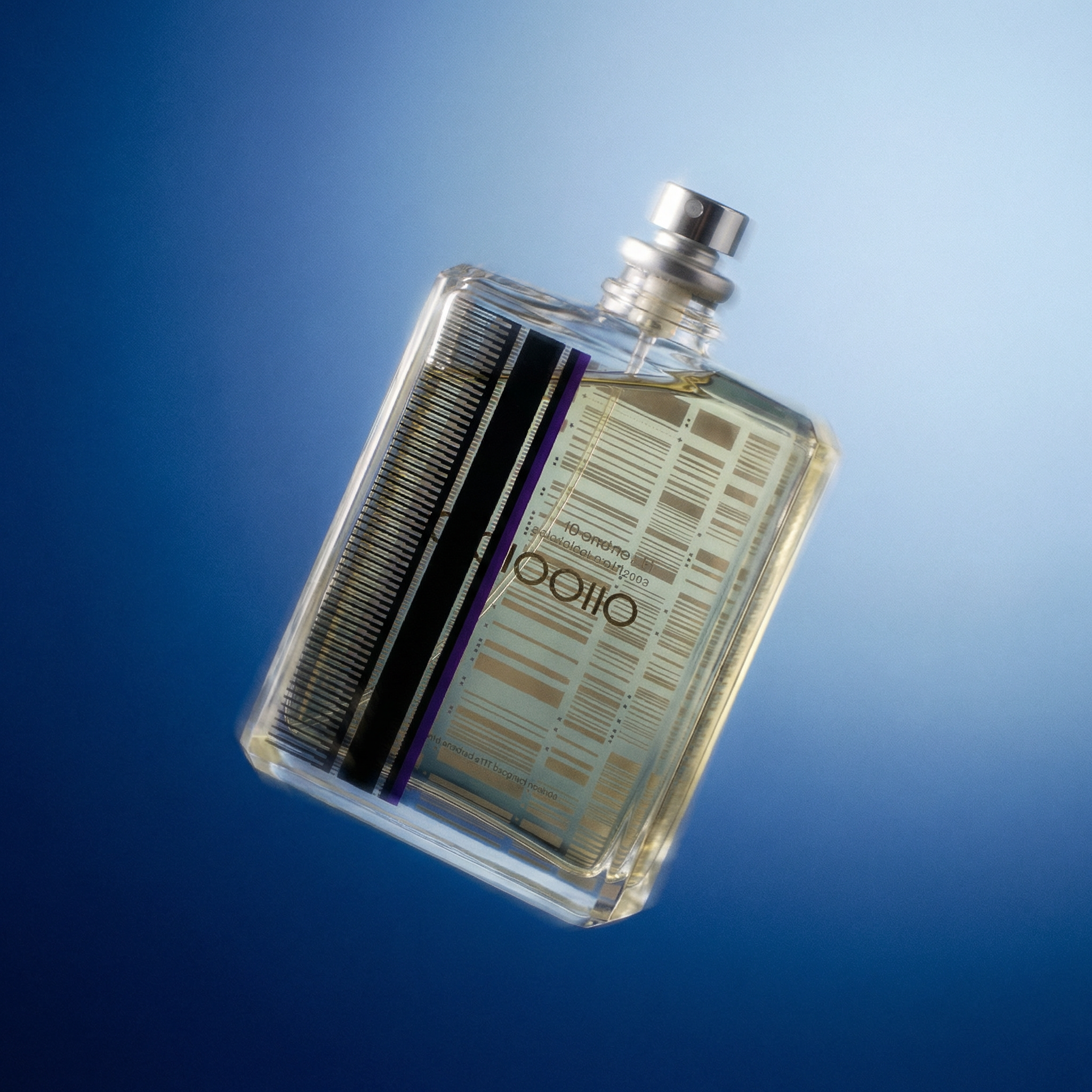 Clear bottle with black comb on a blue gradient background