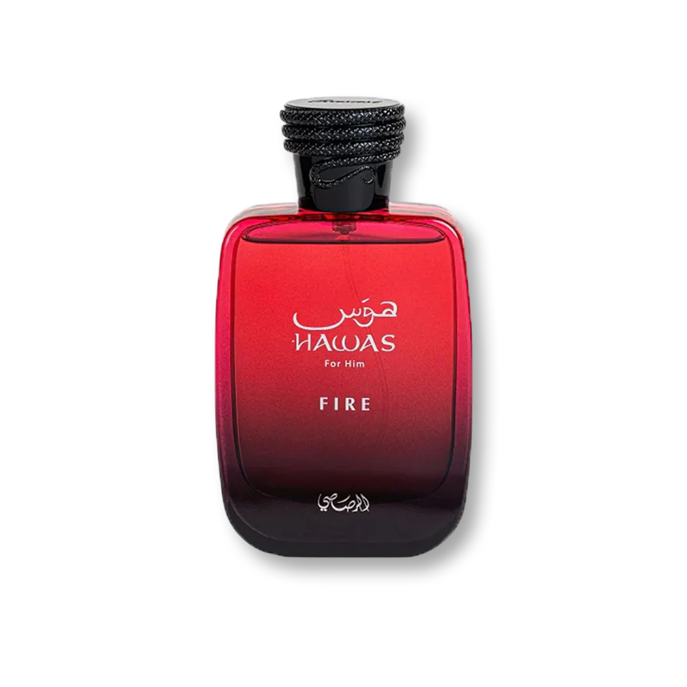 Red and black perfume bottle labeled 'Hawas for Him Fire' on a white background
